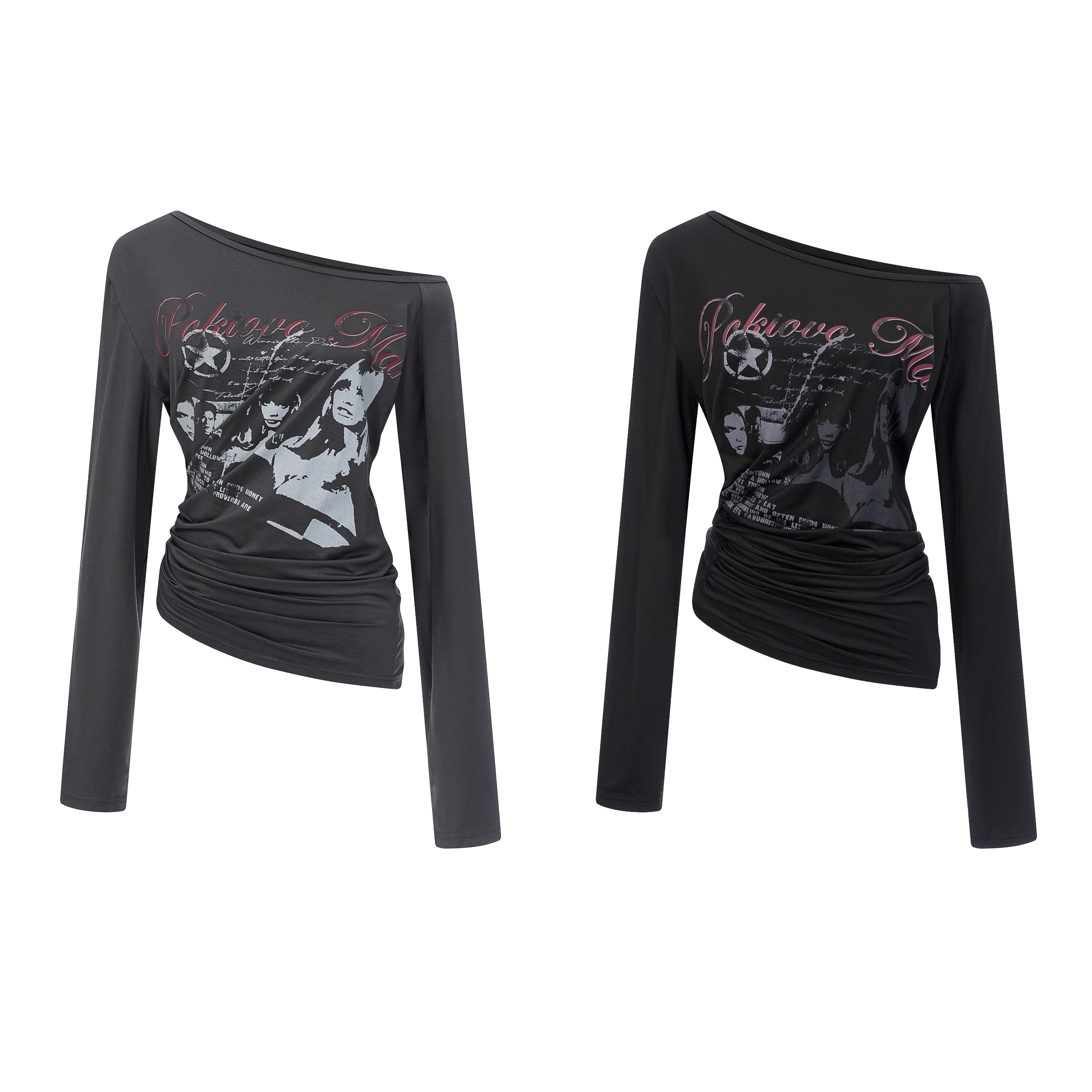 Focus Storm American Vintage Print Women's Autumn New Hot Girl Slimming One-Shoulder Top Long Sleeve T-Shirt R9165# zx - Focus Storm