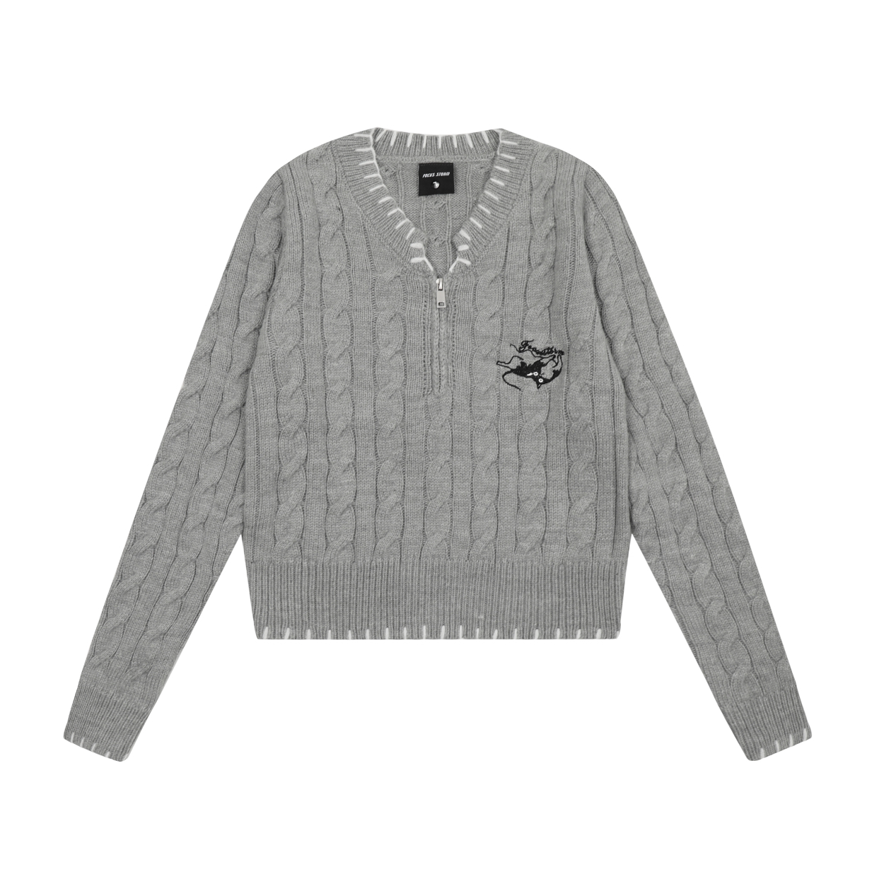 Focus Storm Embroidered Chunky V-Neck Knit Sweater for Women - Slim Fit, Chic & Cropped Style - 61022# zx - Focus Storm