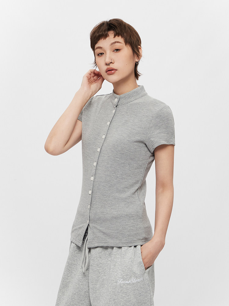 2026 Summer New! Focus Storm Premium Half-High Neck Straight Shoulder Cardigan Women's Top 91069# zx - Focus Storm