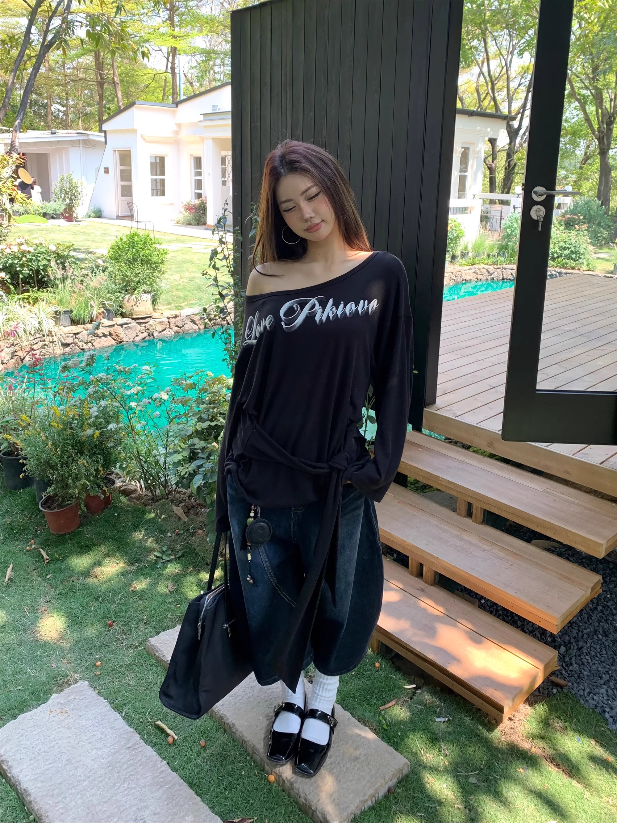 Focus Storm Thin One-Shoulder Pullover Versatile Letter Print Long Sleeve Top for Women R9061# zx - Focus Storm