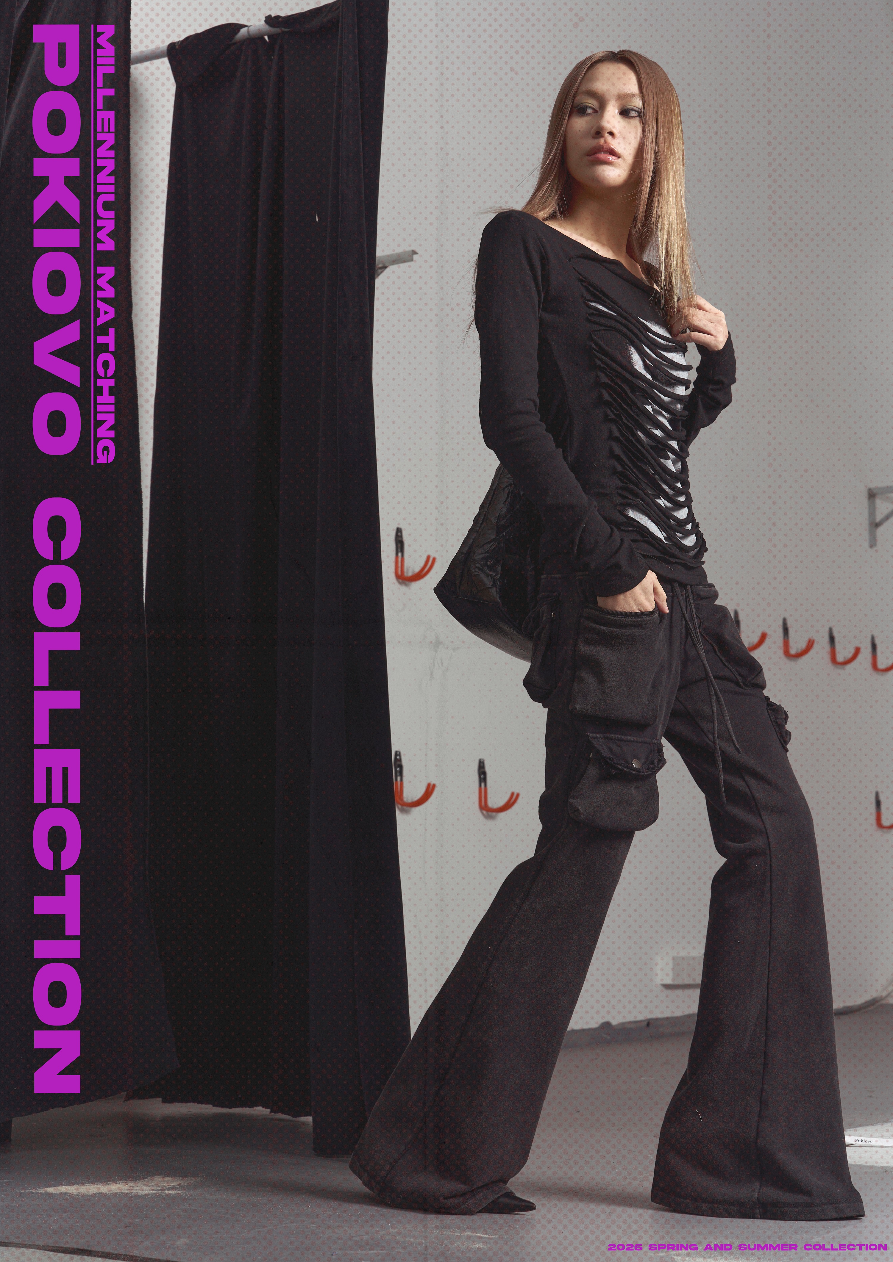 Early Spring 2026! Focus Storm Black & White Chic Burn-out Letter Design Long Sleeve T-Shirt R91215# zx - Focus Storm