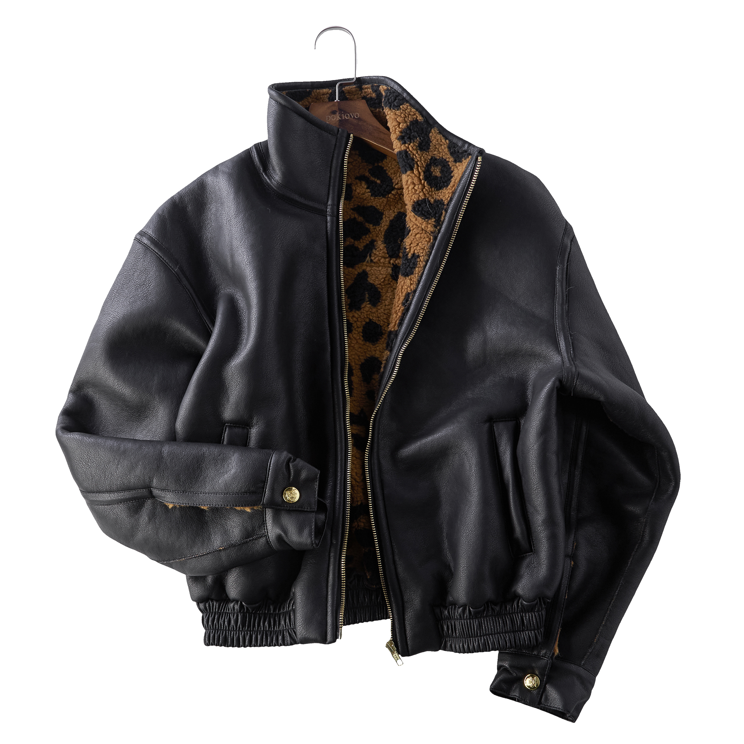 Focus Storm American Vintage Workwear Style Fleece-Lined Lapel Flight Jacket Women's Black Zipper Leather Jacket R7075# zx - Focus Storm