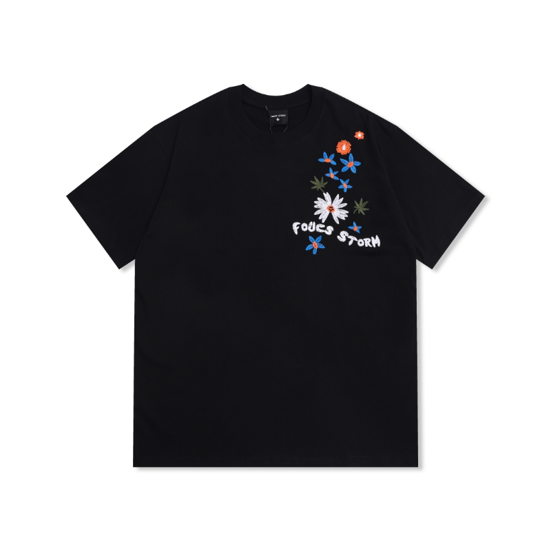 Focus Storm Original Guochao Floral Embroidery Casual Loose Fit Versatile Round Neck Short Sleeve T-Shirt 91006# zx - Focus Storm