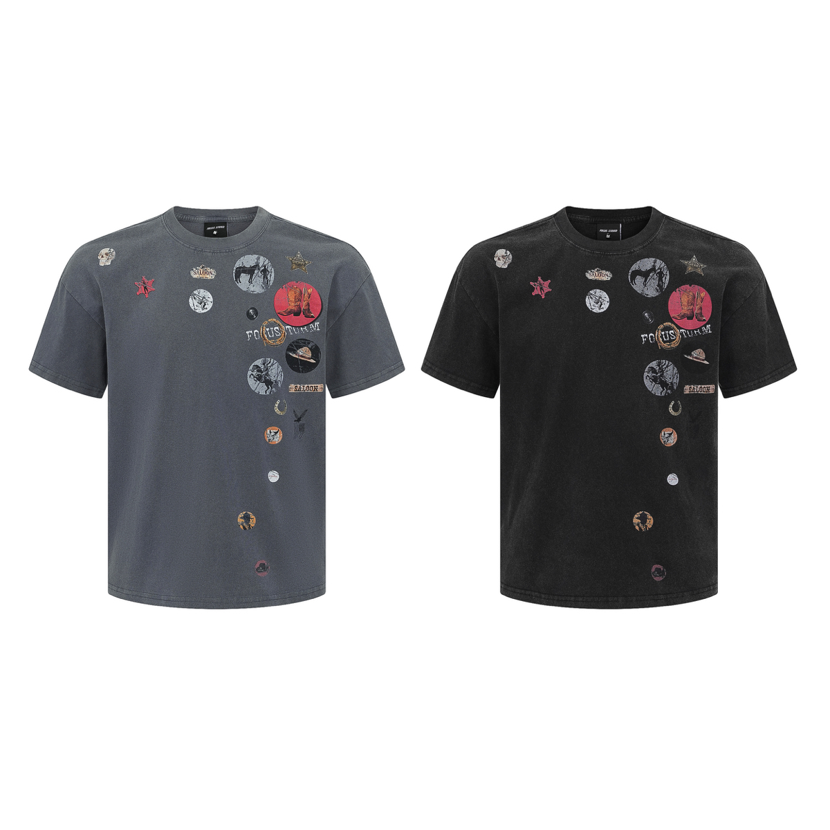 Focus Storm American Vintage Badge Print Distressed Men's Summer Loose Casual Versatile Top Short Sleeve T-Shirt 91173# zx - Focus Storm