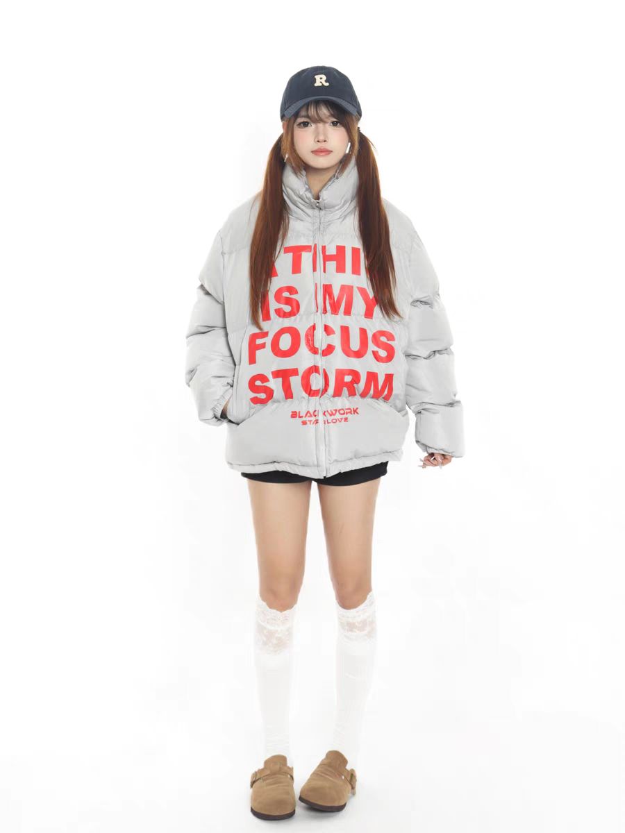 Focus Storm American Creative Letter Print Padded Jacket Women's Winter Trendy New Casual Stand Collar Cotton-Padded Coat Warm Outerwear 78015# zx - Focus Storm