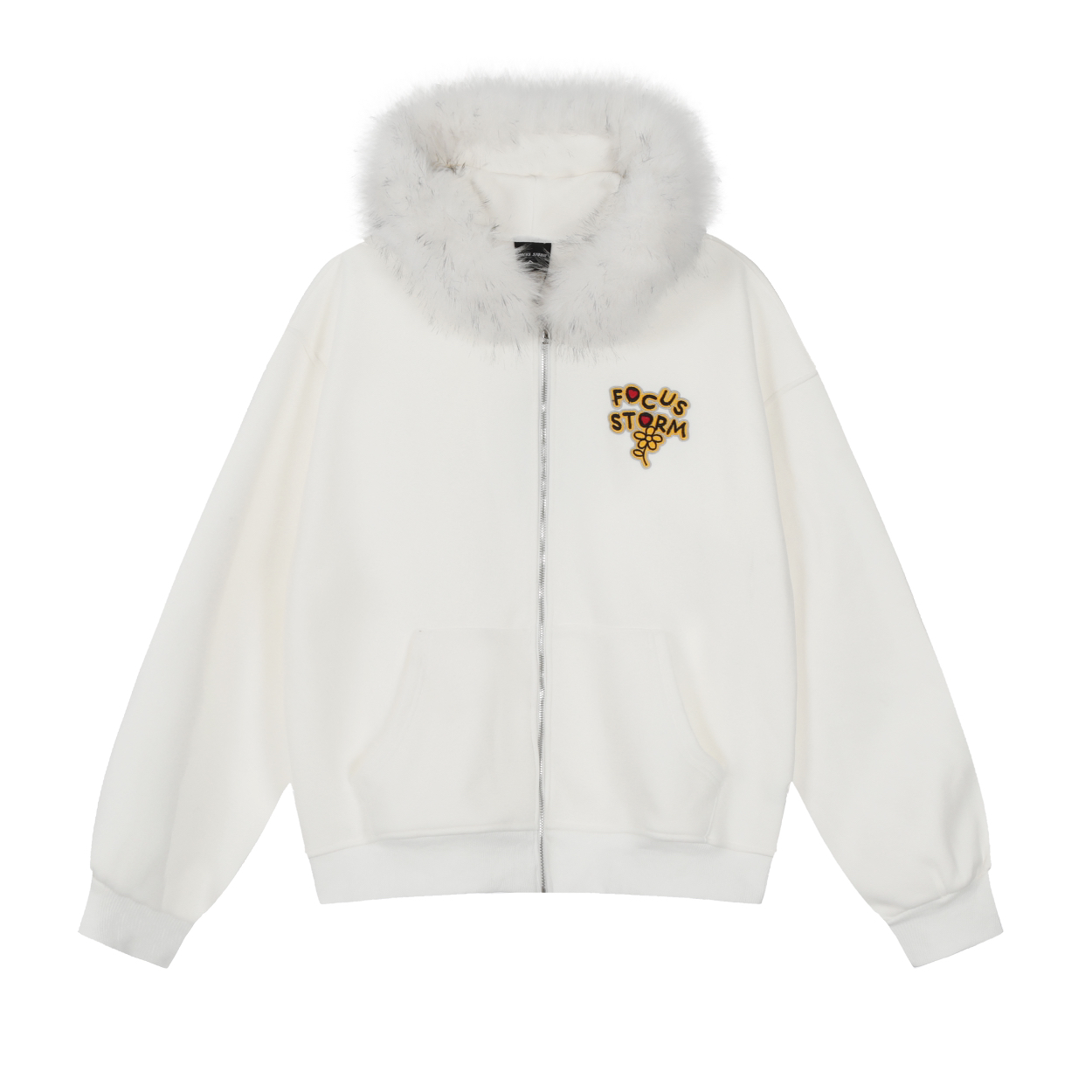 Focus Storm American Streetwear Letter Jacquard Hooded Mohair Unisex Niche Hoodie Jacket (Non-detachable Mohair Collar) 85100# zx - Focus Storm