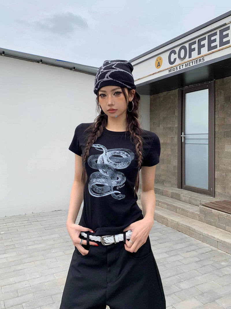 Spring 2026! Focus Storm American Vintage Snake Print Slim-Fit Cropped Short Sleeve T-Shirt R9009Z# zx - Focus Storm